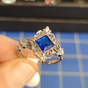Blue Sapphire Faux Stone Silver Tone Ring Size 10